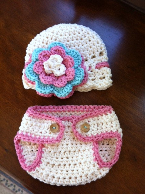 Crochet Pink Hat and Diaper Cover Set Newborn Photography prop