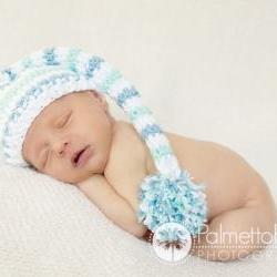 Crochet Blue Stripe Long Tail Pixie Elf Hat Photography Prop