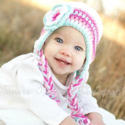 Crochet Pink and Turquoise Earflap Hat Newborn to Toddler sizing Photography prop